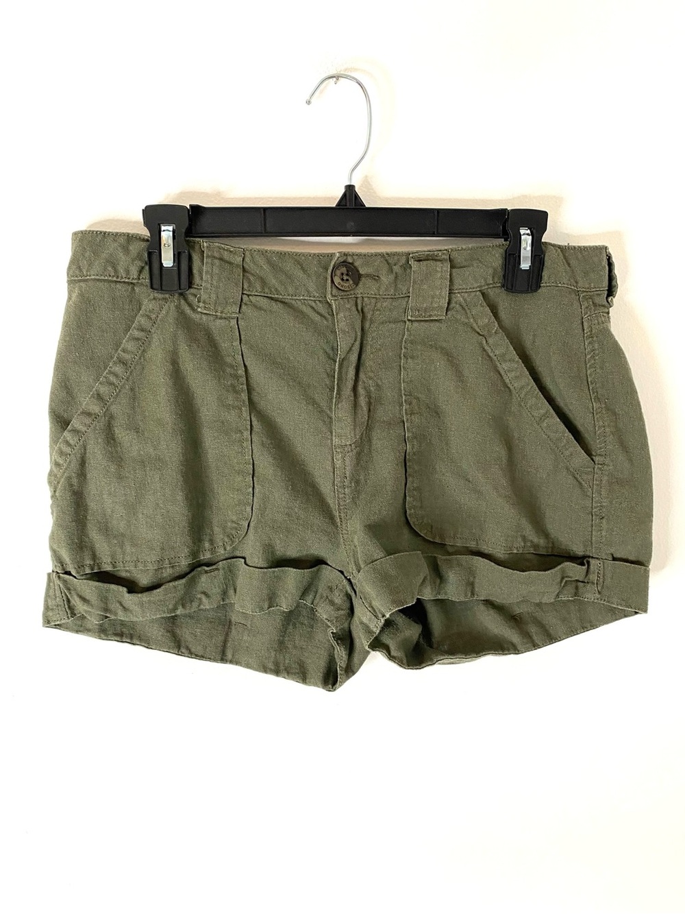Ci Sono Olive Green Linen Blend High Rise Utility Cuffed Shorts Pockets